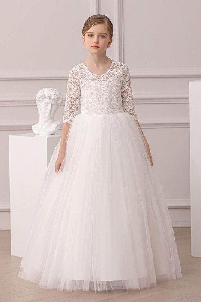 Ball-Gown Illusion Neck 3/4 Length Sleeve Lace/Tulle Flower Girl Dresses With Lace 855880153423 - COCOMELODY